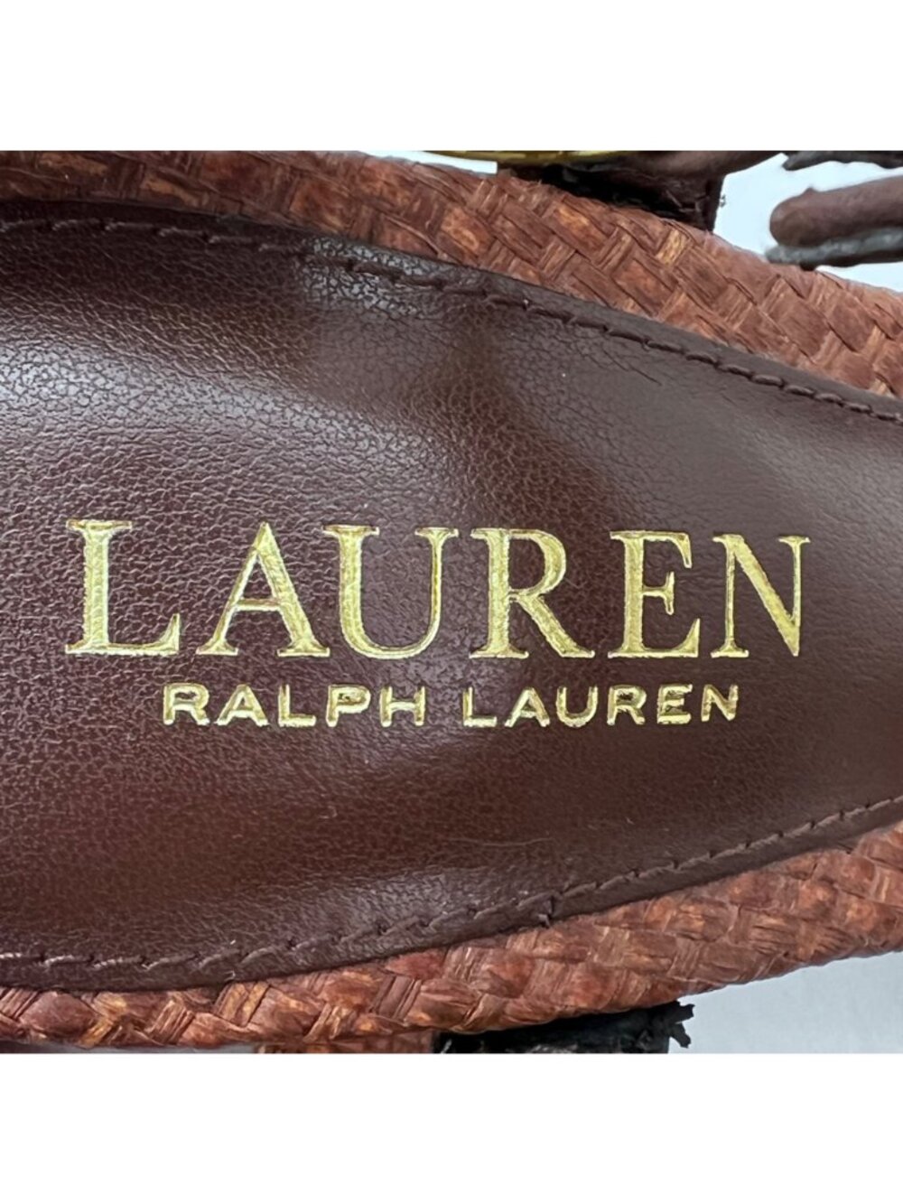 Lauren Ralph Lauren Faustine Raffia Straw & Leather Heel Sandals Womens 6B Brown - Picture 3 of 14